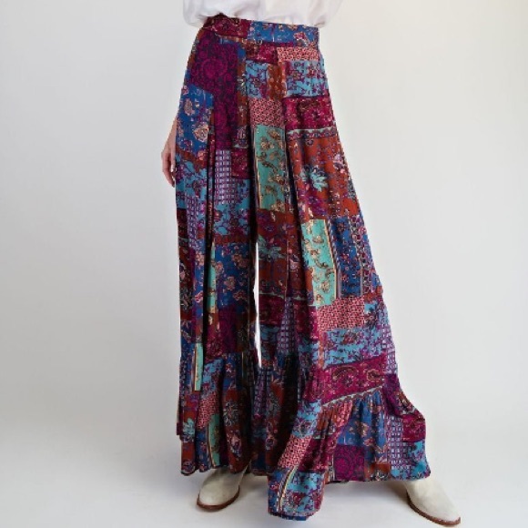 easel Pants - Easel Boho Patchwork Wide Leg Palazzo Pants - Multicolor